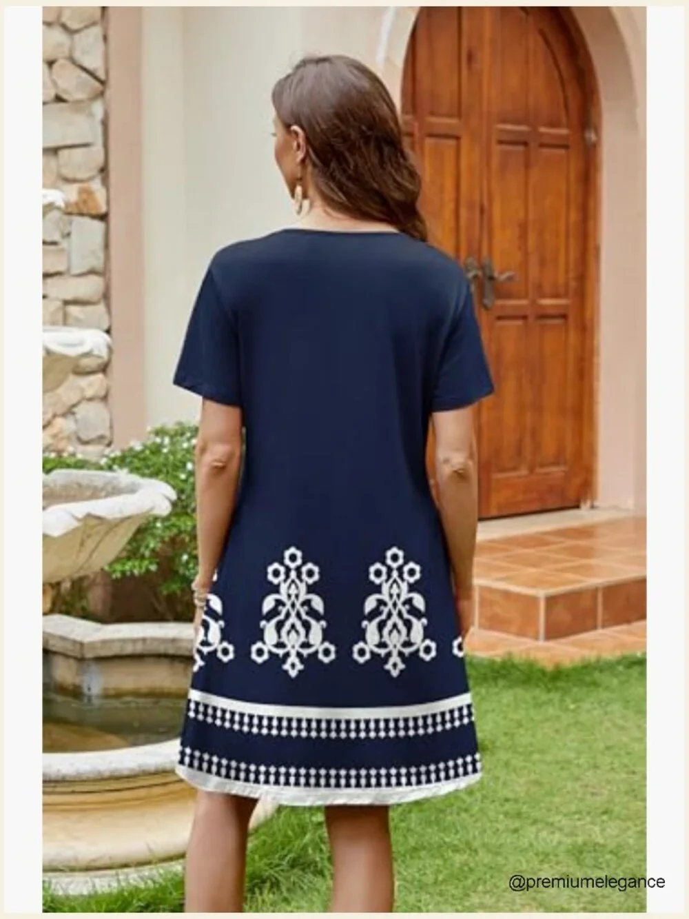 V-Neck Lace T-Shirt Dress, Polyester Spandex, Casual Wedding Guest Midi - Picture 5 of 7